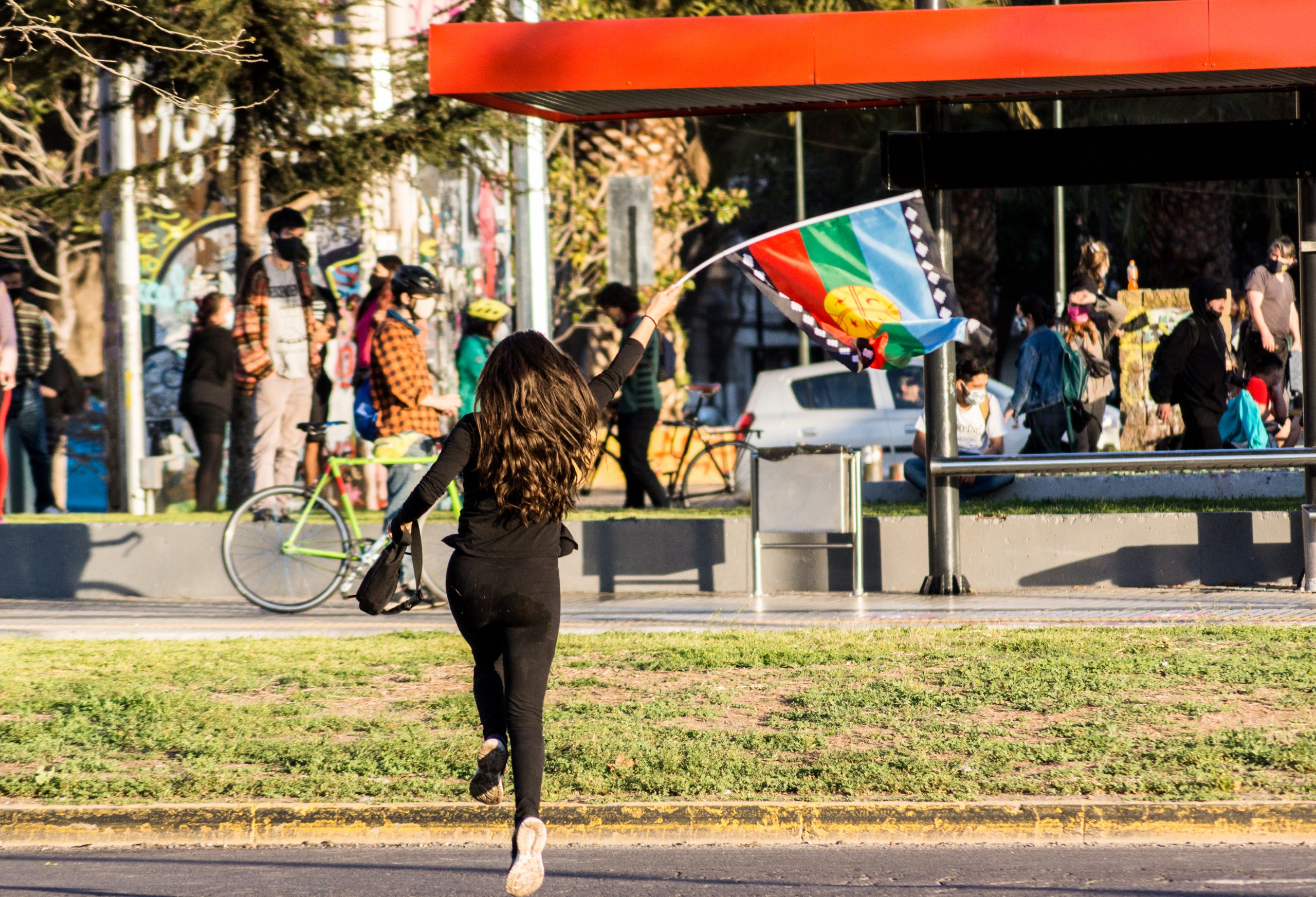 Ñiña corriendo con bandera mapucha